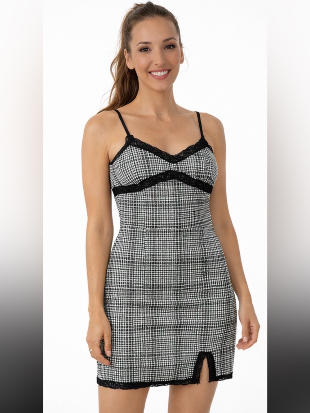 Black & White Houndstooth Lace-Trim Slip Dress